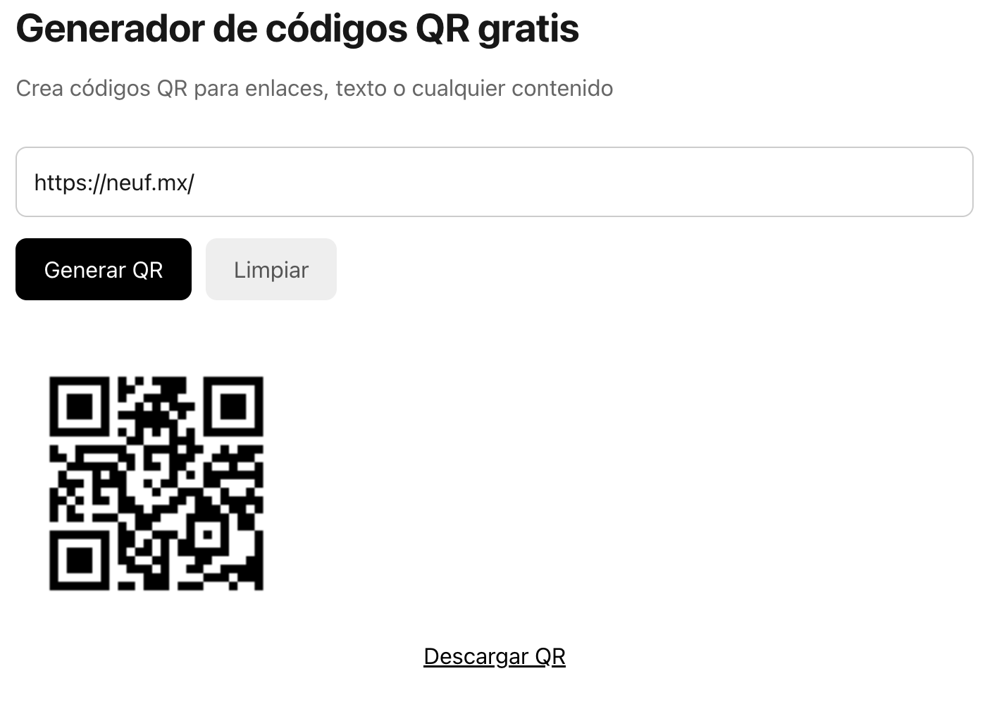 Pantalla principal de QR Generator